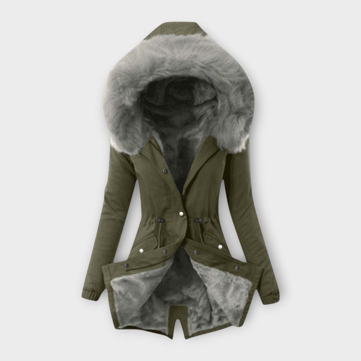 Maura - Olivgrüne kuschelige Winterjacke mit Fellkapuze