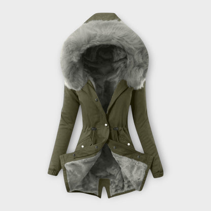 Maura - Olivgrüne kuschelige Winterjacke mit Fellkapuze