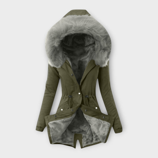 Maura - Olivgrüne kuschelige Winterjacke mit Fellkapuze