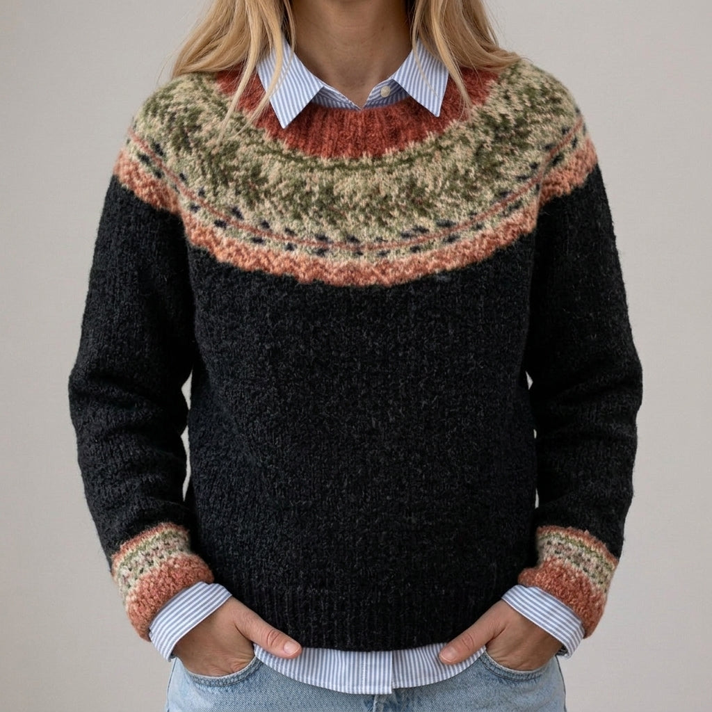 Elveria | Schwarzer Vintage-Pullover mit Norweger-Passe