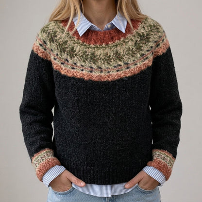 Elveria | Schwarzer Vintage-Pullover mit Norweger-Passe