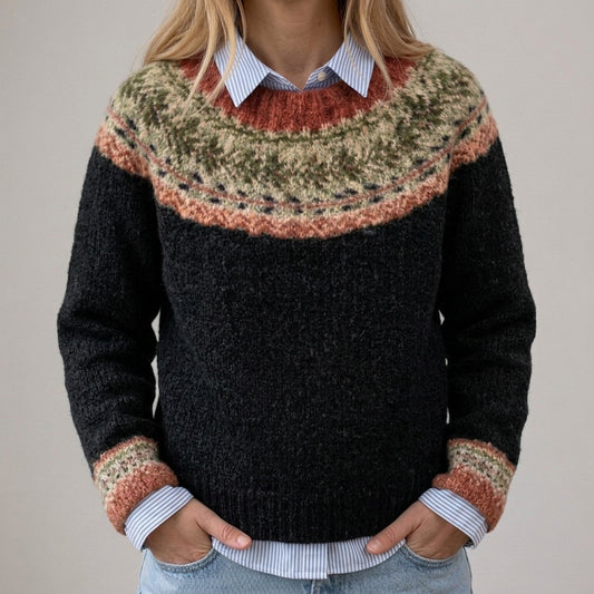 Elveria | Schwarzer Vintage-Pullover mit Norweger-Passe