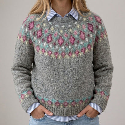 Das Lara | Grauer Vintage-Pullover mit Blütenmuster