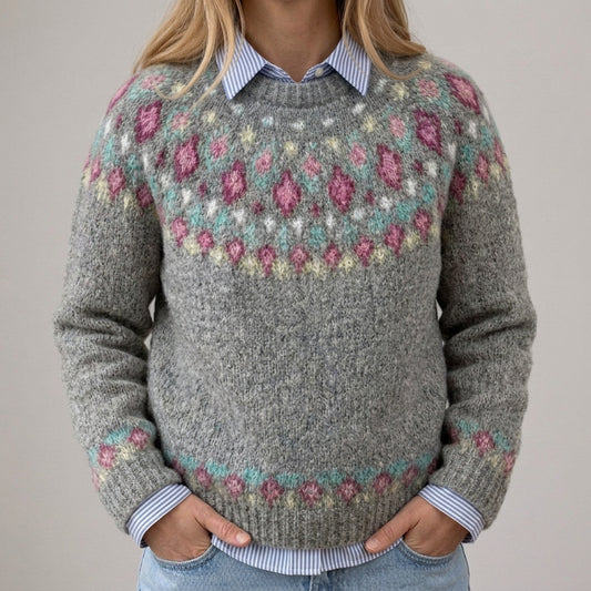 Das Lara | Grauer Vintage-Pullover mit Blütenmuster