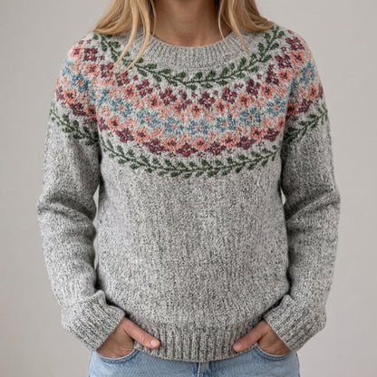 Das Inga | Grauer Retro-Pullover mit floralem Muster