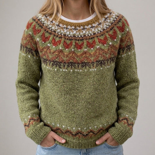 Das Adriana | Olivgrüner Vintage-Pullover mit Norweger-Muster