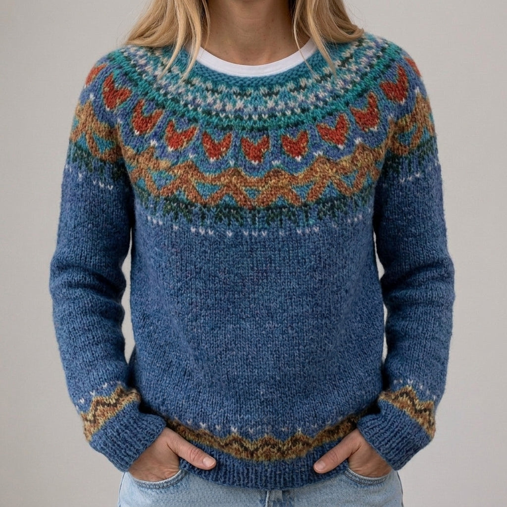 Das Selina | Blauer Pullover mit Norweger-Muster
