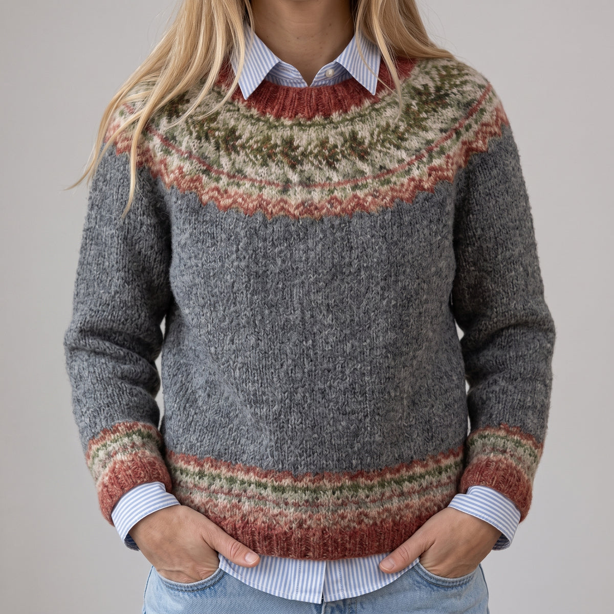 Das Marla | Grauer Vintage-Pullover mit Norweger-Muster