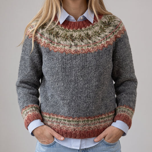 Das Marla | Grauer Vintage-Pullover mit Norweger-Muster