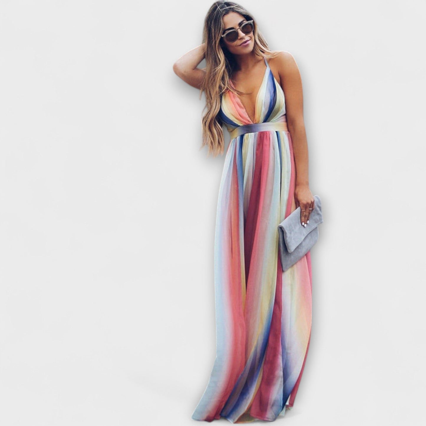 Mehrfarbig gestreiftes Maxikleid mit V-Ausschnitt