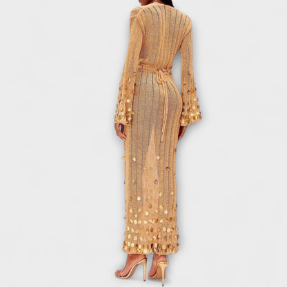 Nova - Goldenes Strick-Maxikleid mit Pailletten