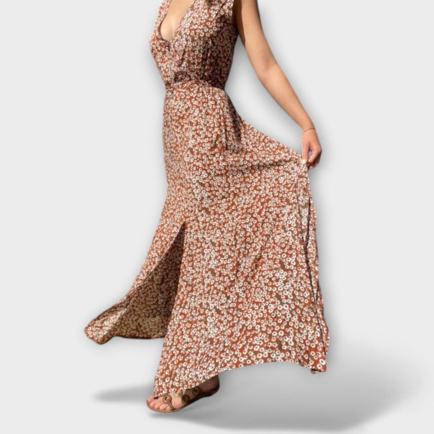 Serephina - Beiges Boho-Maxikleid mit Print