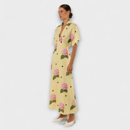Liselotte - Hellgelbes Langes Kleid mit Hortensienmuster