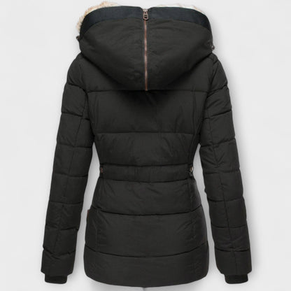 Tiana - Schwarze elegante Damenjacke mit Fellkapuze