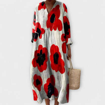 Marla - Weisses Kleid mit rotem Mohnblumenmuster