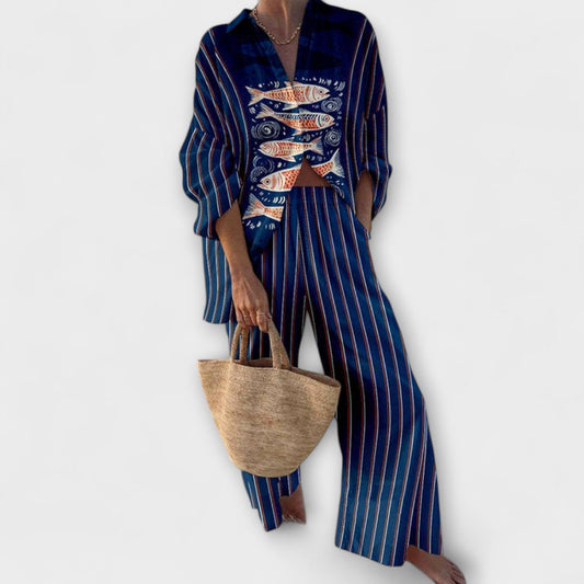 Bianca | Blaues gestreiftes Set mit Fischmotiv