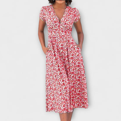 Fienna - Rotes Midikleid mit Blütenmuster und Knopfleiste