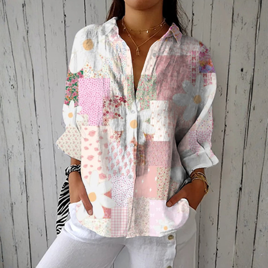 Aurora | Weisse Bluse mit zartem Patchworkmuster