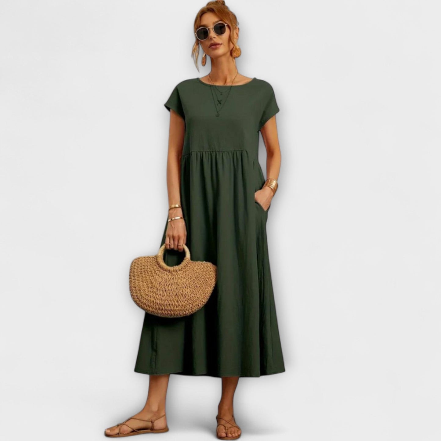 Elena - Olivgrünes leichtes Sommerkleid