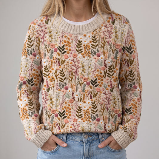 Fani | Beiger weicher Pullover mit Blütenmuster