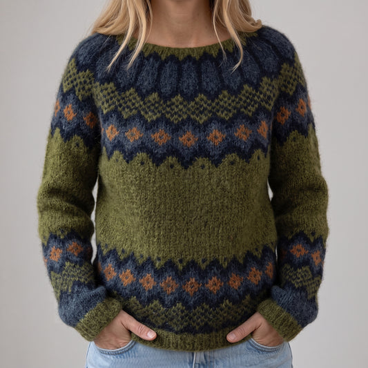 Das Salomé | Olivgrüner Retro-Pullover mit Zickzackmuster
