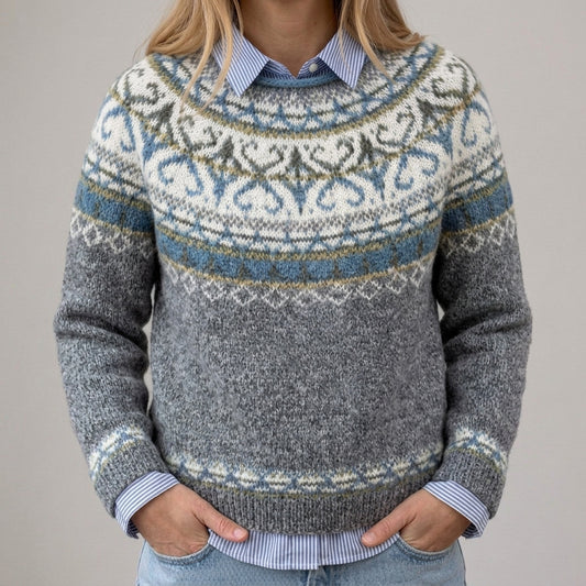Das Lucia | Hellgrauer Vintage-Pullover mit Norweger-Muster