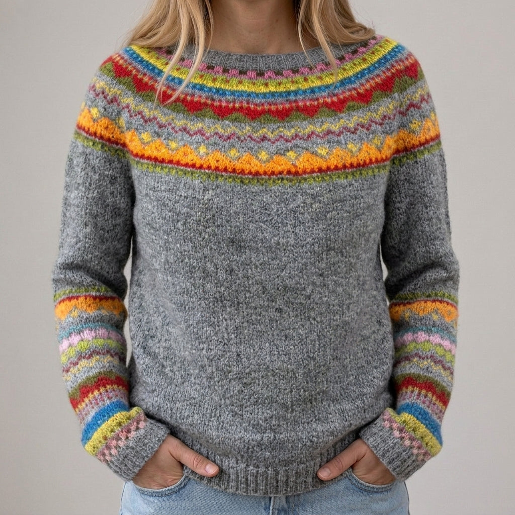 Das Eerika | Grauer Retro-Pullover mit Regenbogen-Streifen