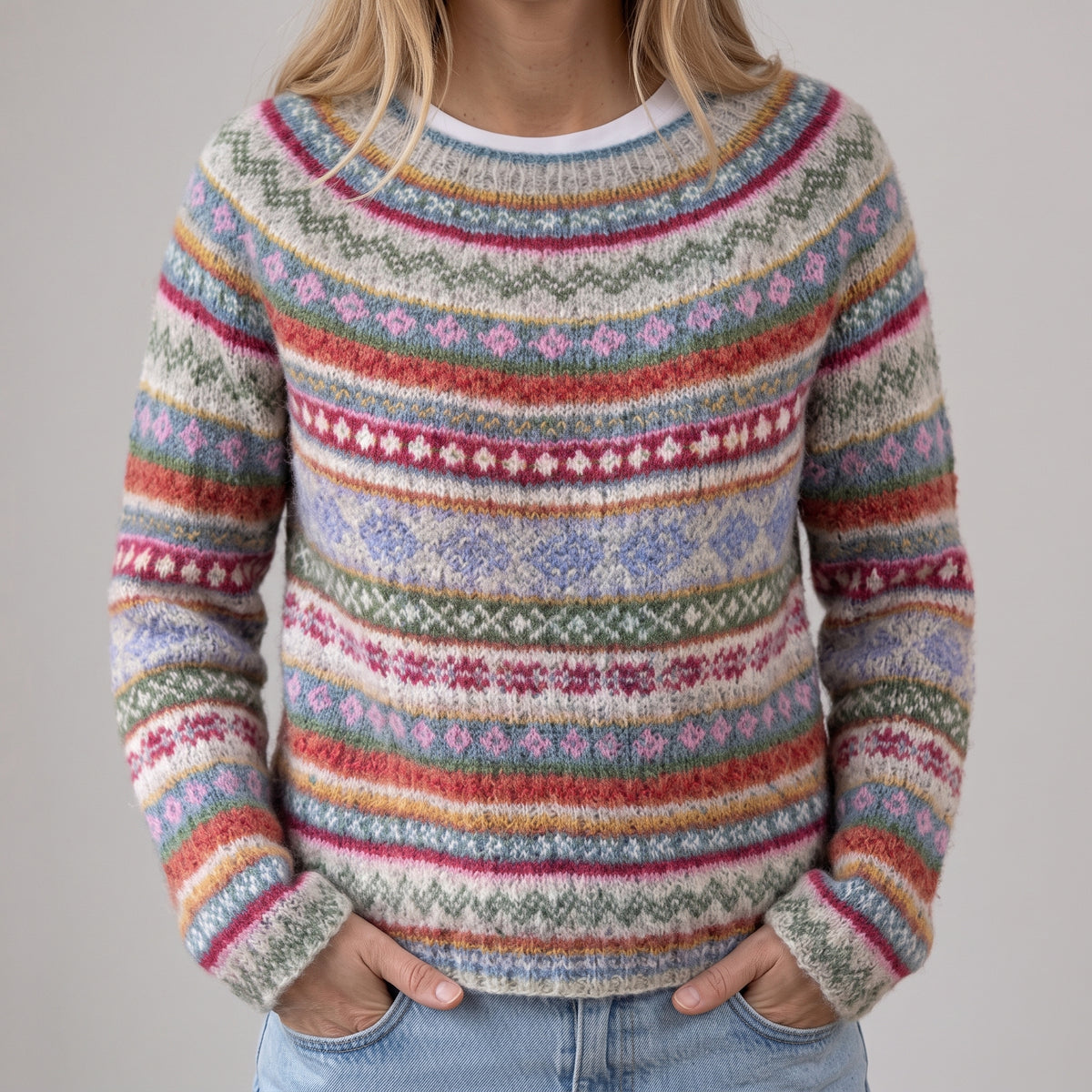 Das Aada | Grauer Retro-Pullover mit buntem Norweger-Muster