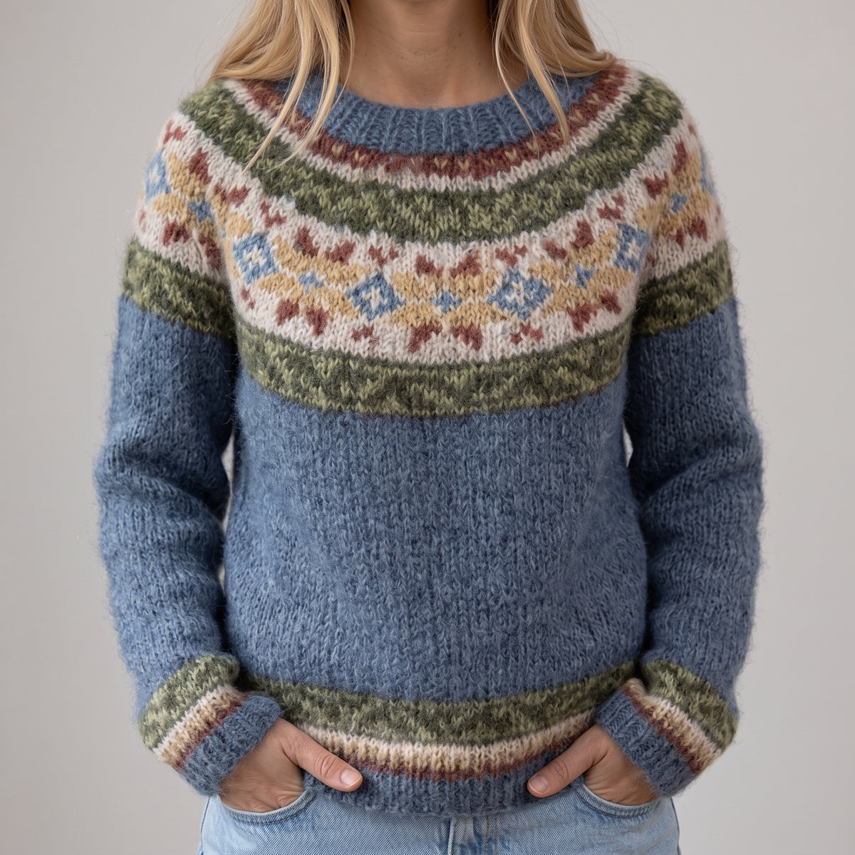 Das Katri | Blauer Retro-Pullover mit floralem Muster