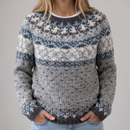 Das Kerstin | Grau-weisser Retro-Pullover mit Norweger-Muster