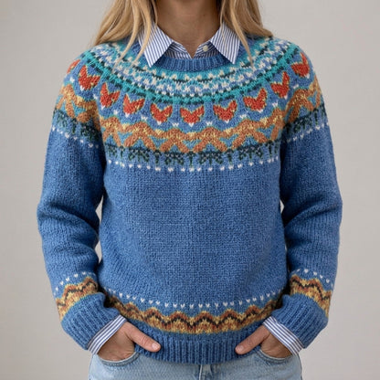 Das Vera | Blauer Vintage-Pullover mit Norweger-Muster