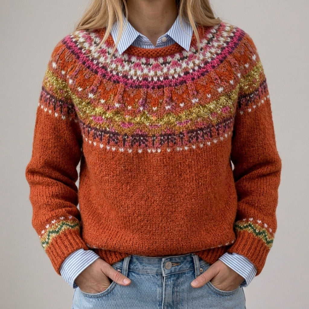 Das Simone | Rostroter Vintage-Pullover mit Norweger-Muster