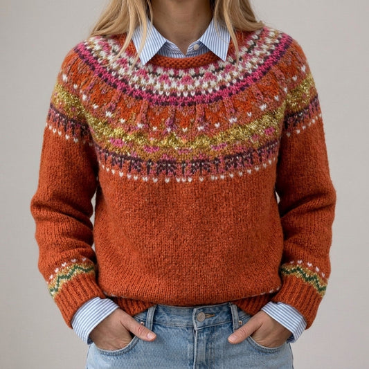 Das Simone | Rostroter Vintage-Pullover mit Norweger-Muster