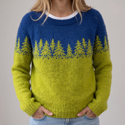 Das Rikarda | Blau-gelber Retro-Pullover mit Tannenmuster