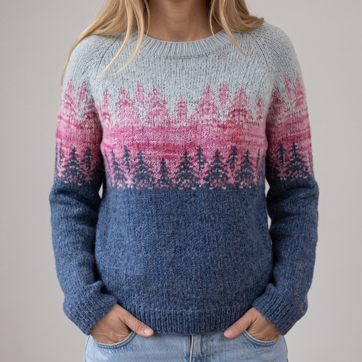 Das Svetlana | Blauer Retro-Pullover mit Tannenmuster