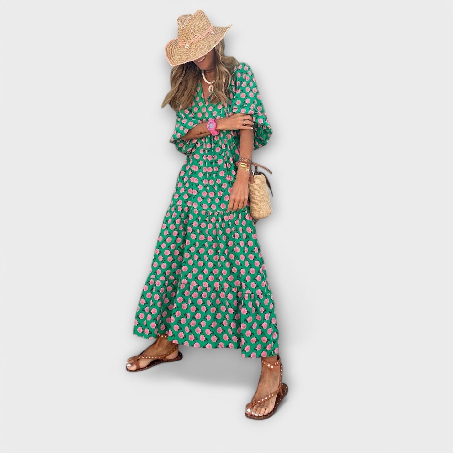 Elegantes grünes Maxikleid mit geometrischem Muster