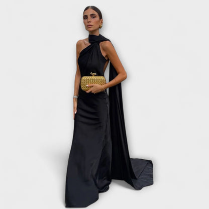 Schickes orangefarbenes Off-Shoulder-Halter-Maxikleid