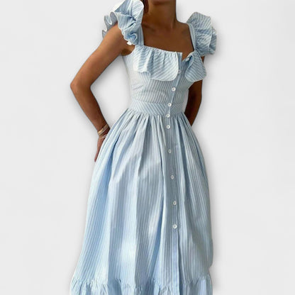 Lia - Cremefarbenes Rüschenshirt-Maxikleid