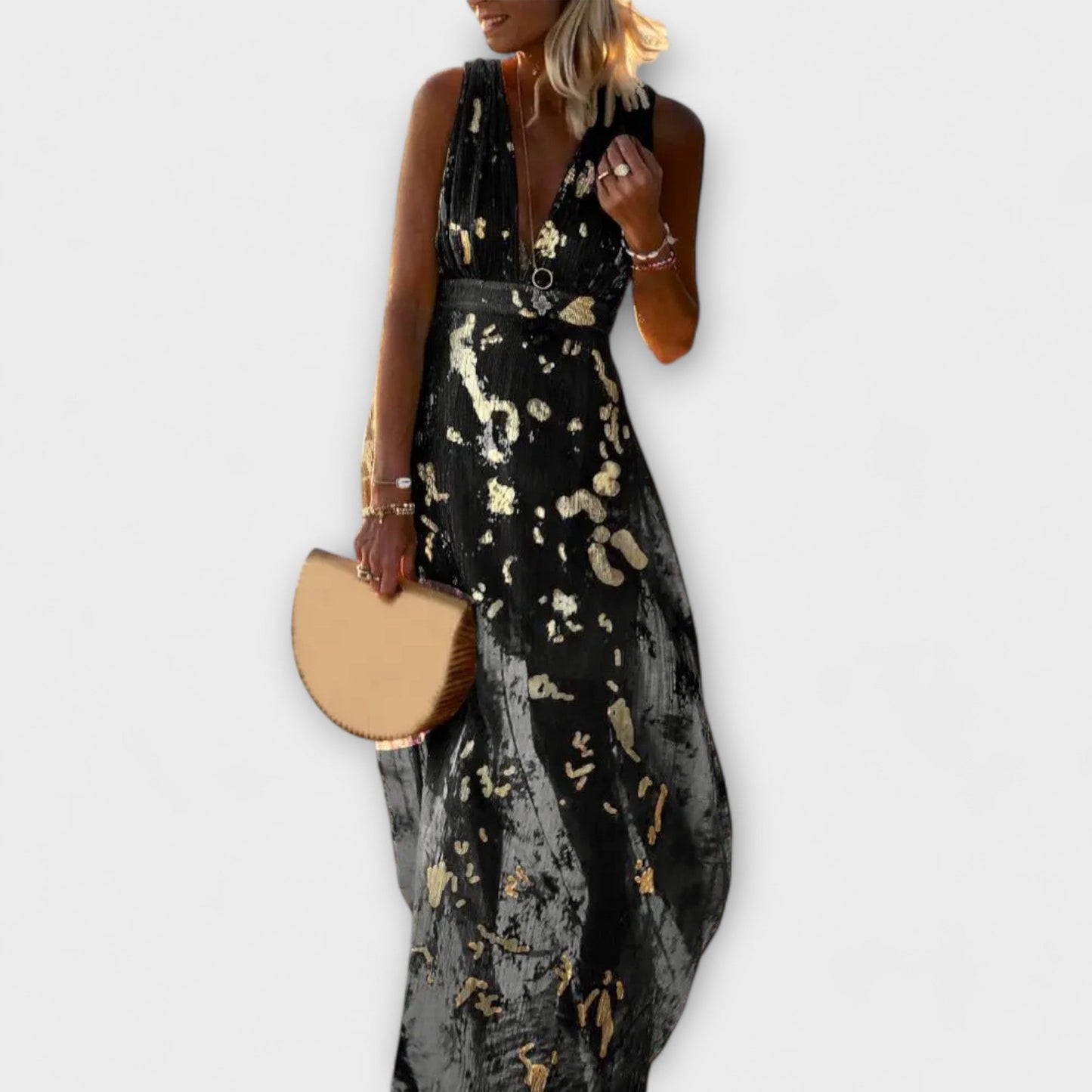 Grünes fliessendes Kleid mit V-Ausschnitt und Pailletten