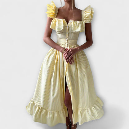 Lia - Cremefarbenes Rüschenshirt-Maxikleid