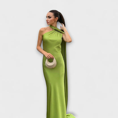 Schickes orangefarbenes Off-Shoulder-Halter-Maxikleid