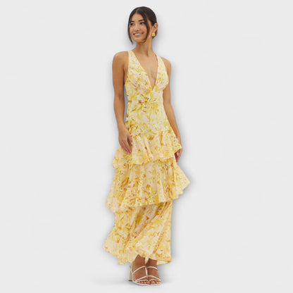 Faye - Rotes Stufen-Midikleid mit Blütenmuster