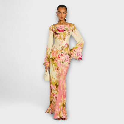Kelly - Cremefarbenes Maxikleid mit Blütenmuster