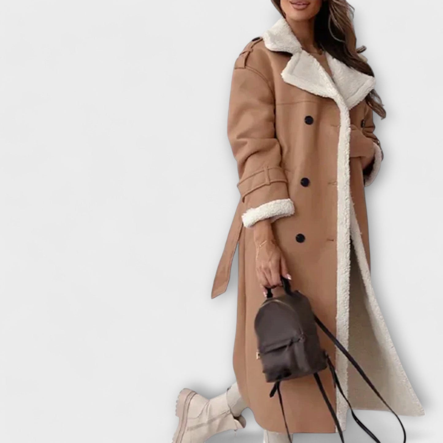 Maria - Schwarze lange klassische Jacke mit Fellfutter