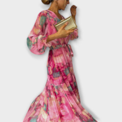 Evelyn - Pinkes Maxikleid mit Aquarellmuster
