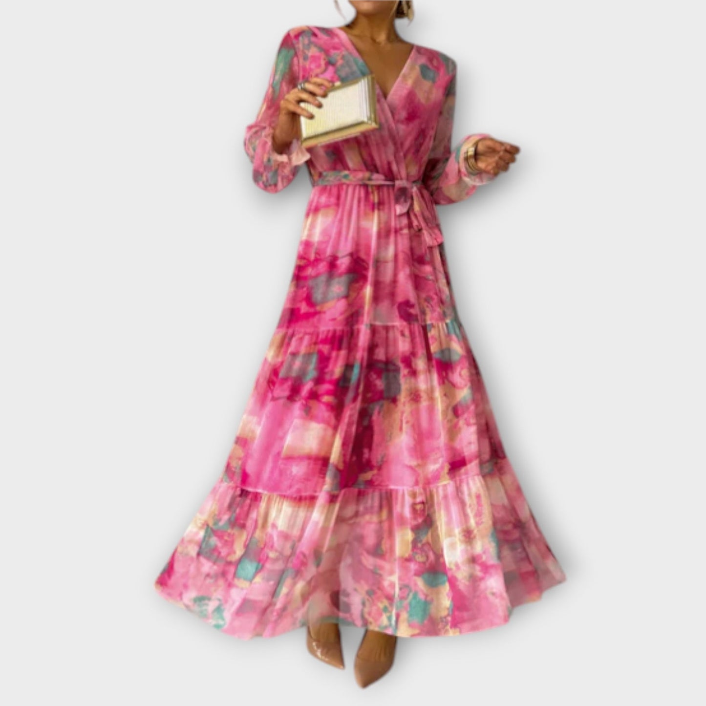 Evelyn - Pinkes Maxikleid mit Aquarellmuster