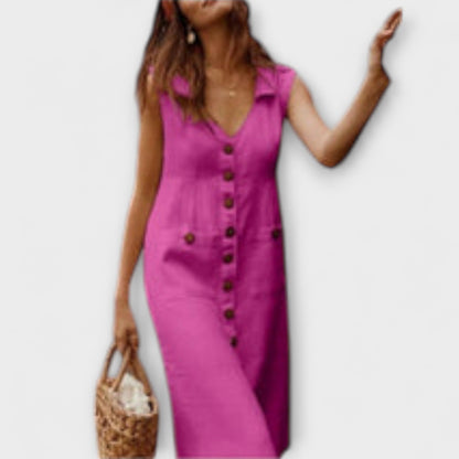 Nora - Rotes A-Linien-Kleid aus Leinen mit Knopfleiste