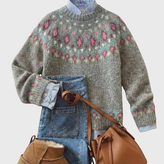 Lara | Grauer Vintage-Pullover mit Blütenmuster