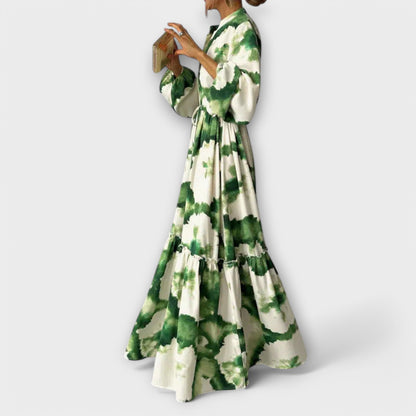 Melina - Grünes Maxikleid mit Blütenmuster und V-Ausschnitt