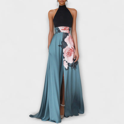 Natalie - Blaues Maxikleid mit Blütenoberteil